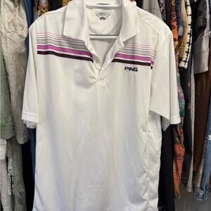 PING White Polo with Pink and Black Chest Stripes